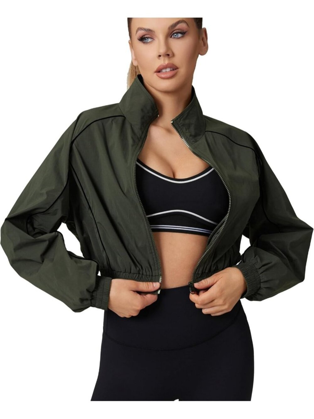 〽️Women's Army Green Cropped Windbreaker Jacket Lightweight Zip Up Athletic